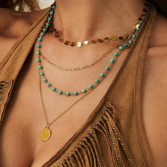 Boho Layered Gold Necklaces for Women with Western Turquoise Pendant Charm - Picture 4 of 7